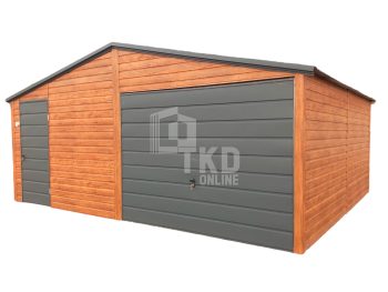 Plechová garáž 6x5 – dvojkrídlové dvere – plastové okno výklopné – dvere – orech svetlý + antracit – imitácia dreva – strecha dvojspádová (sedlová) TKD115