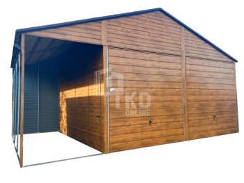 Plechová garáž 6x5 + prístrešok – 2x výklopná brána – dvere – orech svetlý – imitácia dreva – strecha dvojspádová (sedlová) – zvýšená konštrukcia TKD119