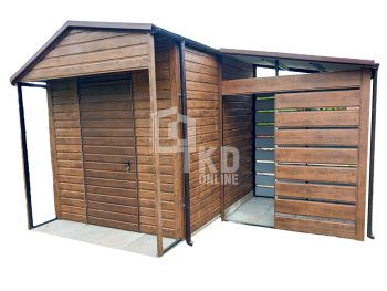 Záhradný domček 2x3 + prístrešok 2x2 – dvere – rýna okapová – orech svetlý – imitácia dreva – strecha dvojspádová (sedlová) TKD120