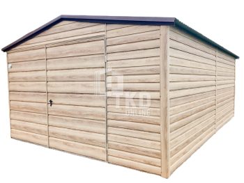 Plechová garáž 4x6 – dvojkrídlové dvere – winchester – imitácia dreva – strecha dvojspádová (sedlová) TKD121