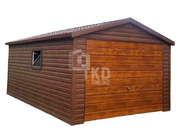 Plechová garáž 3,5x5 – výklopná brána – tmavá hnedá + orech svetlý – imitácia dreva – 1x plastové okno výklopné – strecha dvojspádová (sedlová) – škridľoplech TKD135