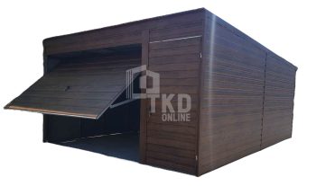 Plechová garáž 4x5 – výklopná brána – orech svetlý – imitácia dreva – 1x dvere – strecha spád dozadu TKD136