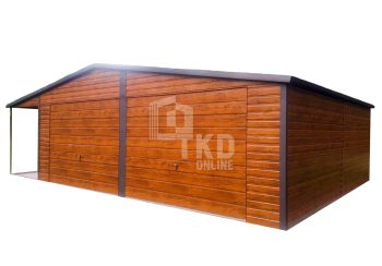Plechová garáž 7,5x5 + prístrešok 2x5 – 2x výklopná brána – antracit + orech svetlý – imitácia dreva – strecha dvojspádová (sedlová) - TKD137