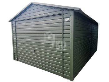 Plechová garáž 3,5x5 – výklopná brána – zelená – strecha dvojspádová (sedlová) TKD81