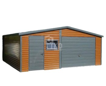 Plechová garáž 6x5 – výklopná brána – orech svetlý + antracit – imitácia dreva – dvere – 3x plastové okno výklopné – strecha dvojspádová (sedlová) TKD138