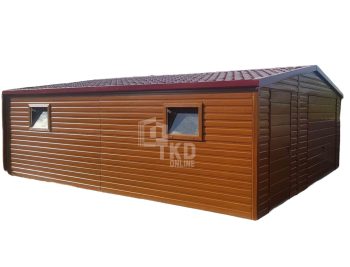 Plechová garáž 6x6 – výklopná brána – zlatý dub – imitácia dreva – 2x plastové okno výklopné – strecha dvojspádová (sedlová) – škridľoplech TKD139