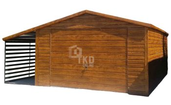 Plechová garáž 4x5 + prístrešok 1,5x5 – výklopná brána – orech svetlý – imitácia dreva – strecha dvojspádová (sedlová) TKD140