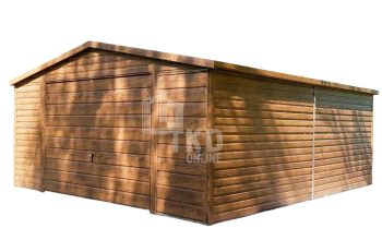 Plechová garáž 5x5 – výklopná brána – orech svetlý – imitácia dreva – dvere – strecha dvojspádová (sedlová) TKD141