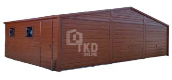 Plechová garáž 9,5x6 – výklopná brána – antracit + orech svetlý – imitácia dreva – 2x plastové okno výklopné – strecha dvojspádová (sedlová) TKD142