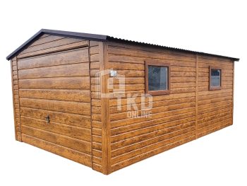 Plechová garáž 3,5x6 – dvojkrídlové dvere – antracit + svetlý orech – imitácia dreva – strecha dvojspádová (sedlová) TKD82