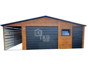 Plechová garáž 5,5x6 + prístrešok 1,5x6 – výklopná brána – plastové okno výklopné – dvere – rýna okapová – antracit + orech svetlý – imitácia dreva – strecha dvojspádová (sedlová) TKD147
