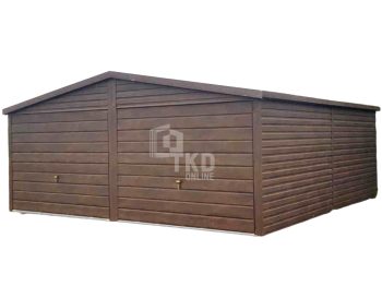 Plechová garáž 6x6 – 2x výklopná brána – orech tmavý + orech svetlý – imitácia dreva – strecha dvojspádová (sedlová) – škridľoplech TKD149