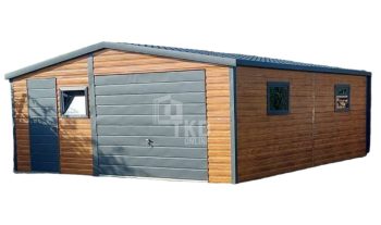 Plechová garáž 6x6 – výklopná brána – 3x plastové okno výklopné – dvere – antracit BTX 7016 + orech svetlý – imitácia dreva – strecha dvojspádová (sedlová) - TKD150