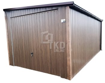 Plechová garáž 3,5x5 – výklopná brána – orech tmavý – imitácia dreva – rýna okapová – strecha spád nabok TKD154