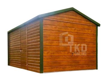 Plechová garáž 3x5 – výklopná brána – dvere – orech svetlý + zelená – imitácia dreva – strecha dvojspádová (sedlová) – škridľoplech TKD134