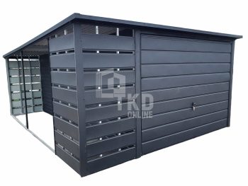 Plechová garáž 3×6 + prístrešok – brána – antracit – strecha spád dozadu TKD83