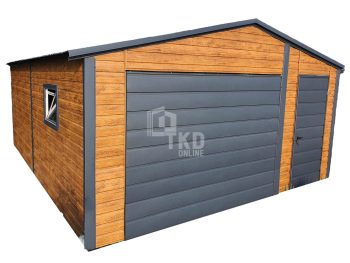 Plechová garáž 4,5x5 – výklopná brána – dvere – výklopné okno – antracit + svetlý orech – imitácia dreva – strecha dvojspádová (sedlová) TKD85