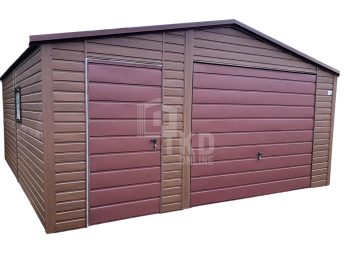 Plechová garáž 5,5m x 6m – výklopná brána – orech svetlý imitácia dreva – dvere – 2x okno – strecha dvojspádová TKD199