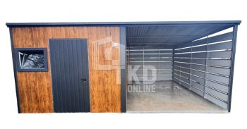 Záhradný domček 3x4 + Prístrešok 3x4 – dvere – plastové okno výklopné – orech svetlý – imitácia dreva – dvere – strecha spád dozadu TKD200