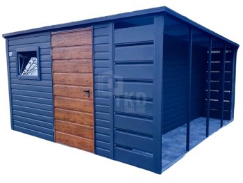 Záhradný domček 3x4m + prístrešok 1x4m – Dvere – Okno – Rýna okapová – Antracit + Orech svetlý – Strecha spád dozadu TKD204